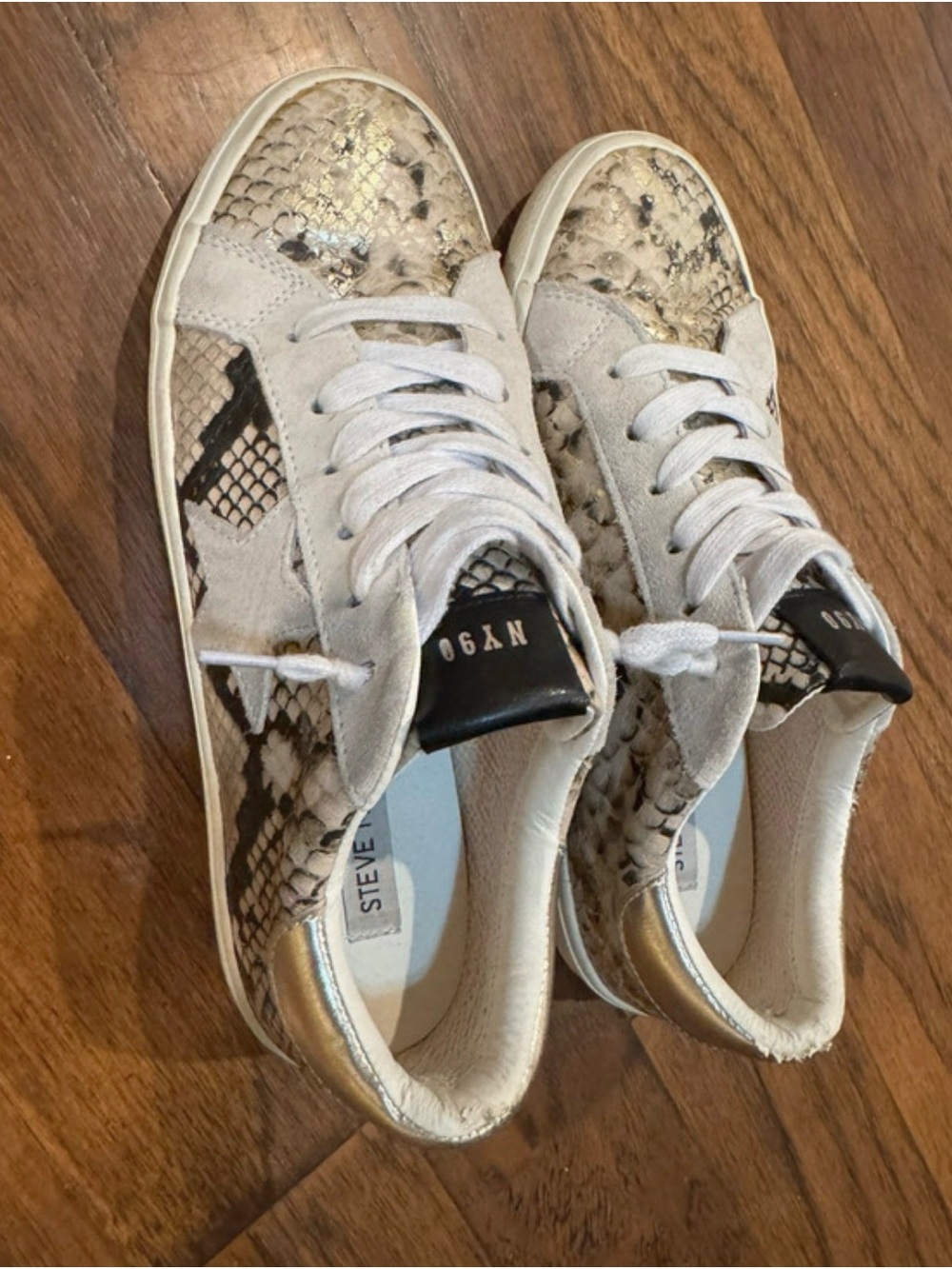 Steve Madden Beige Snake-Print Low Top Sneakers with Gold Accents